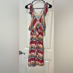 NWT Gianni Bini Multicolor Geometric Print Wrap Dress w/ Cold Shoulder Size L